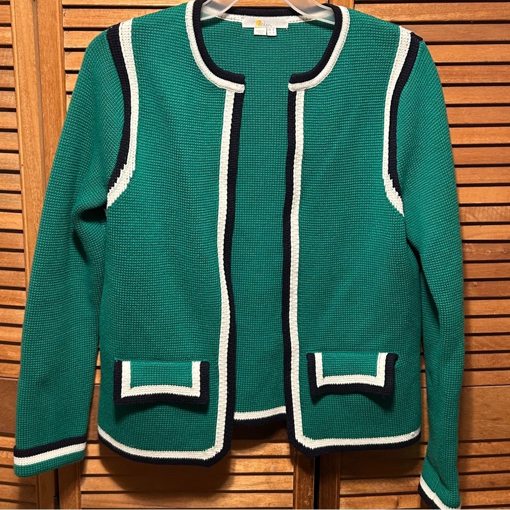 Vintage Boden Green Chunky Knit Cardigan with Navy Blue and White Trim
